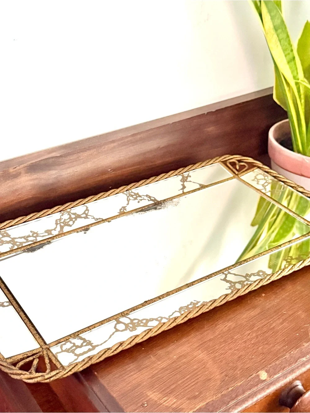 Rectangle Mirror Wall Hanging Vanity Tray 1960’s Vintage Metal Twist Frame Heart